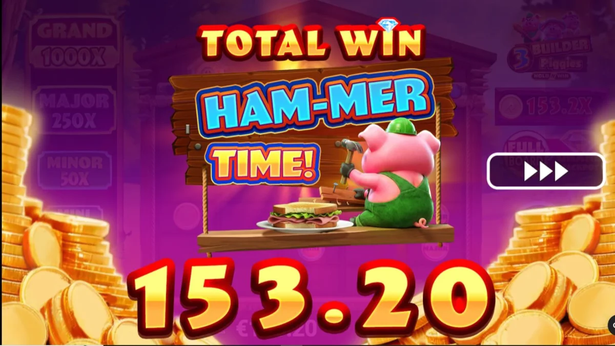 Interface colorida e vibrante do slot 3 Builder Piggies com os personagens dos porquinhos e o lobo.