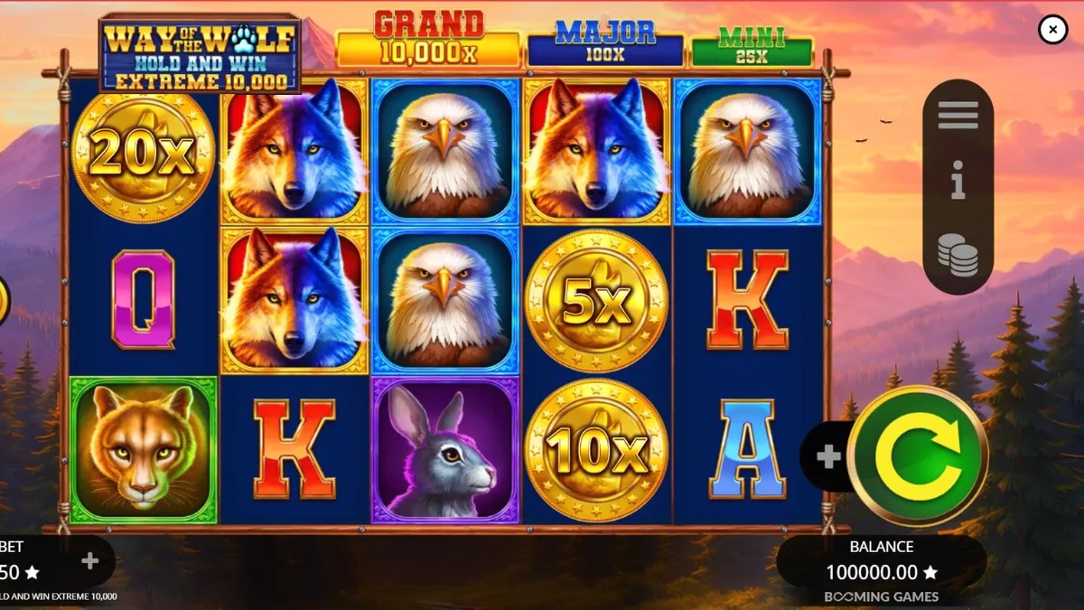 Interface móvel do slot Way of the Wolf Hold and Win Extreme 10,000