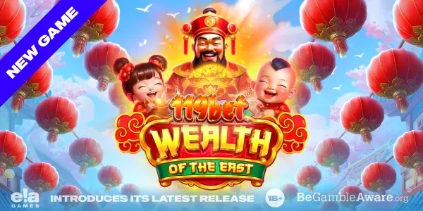 Cena festiva do slot Wealth of the East com lanternas e símbolos orientais